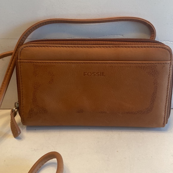 Fossil brown leather double zip around multi pocket clutch bag with strap - Picture 16 of 16